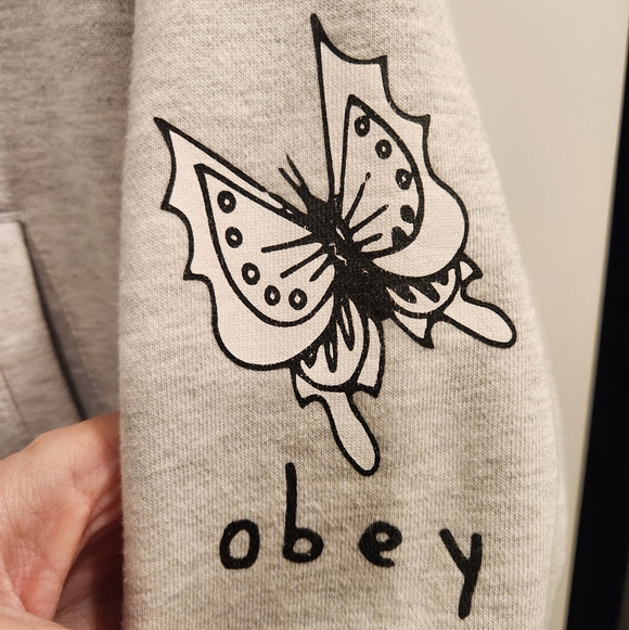 Obey Axel Give Peace Grey Crop Zip Hoodie Graphic Embroidered Edgy Sz Small - Picture 8 of 11